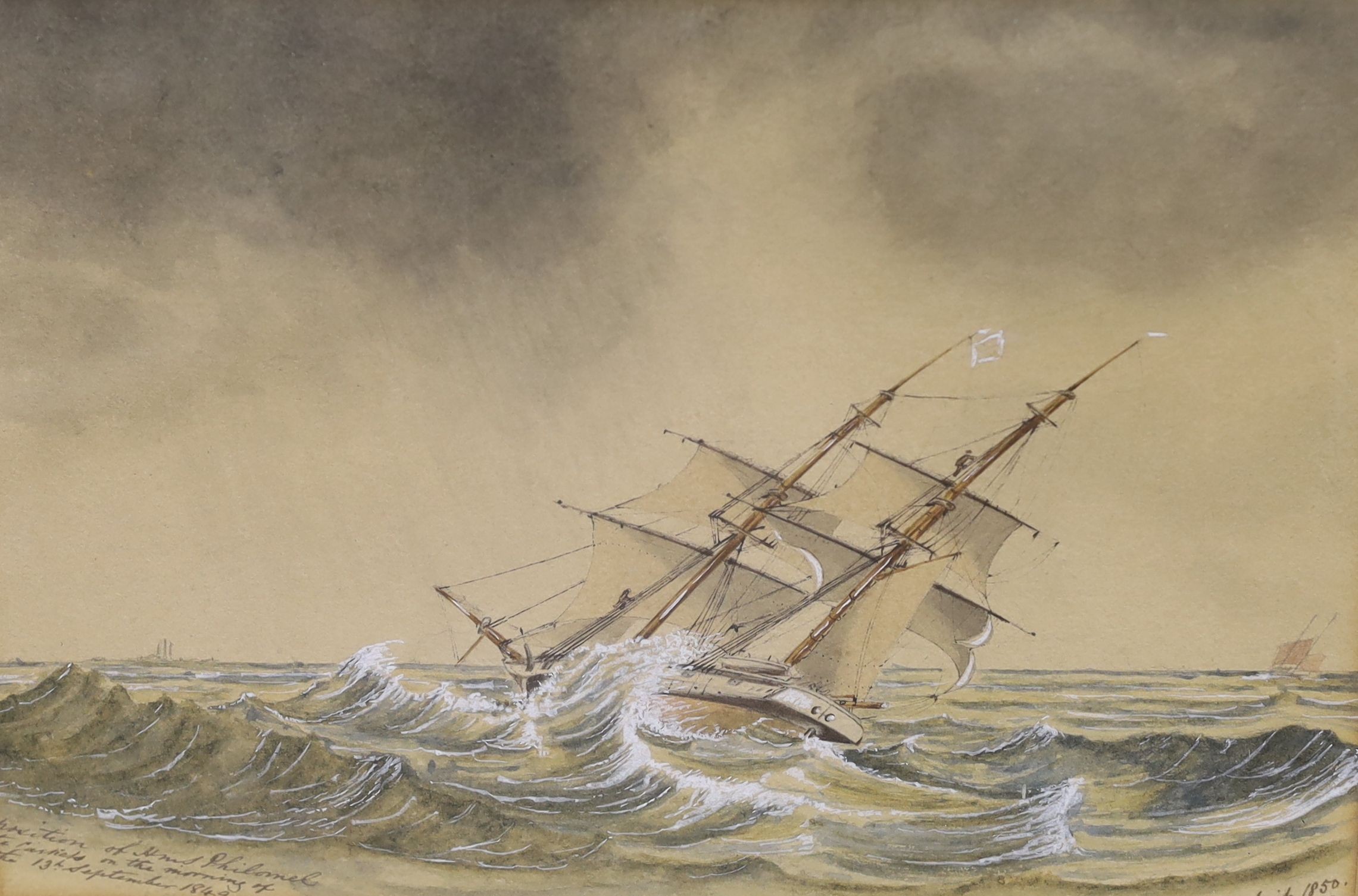 SJB 1850, watercolour, Position of HMS Philomel on the morning of the 13th September 1849, initialled and dated, 16 x 24cm